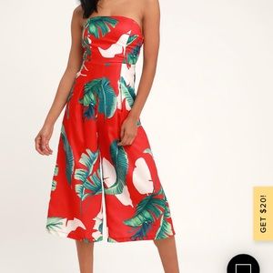 Lulus Rainforest Blooms Red Strapless Jumpsuit